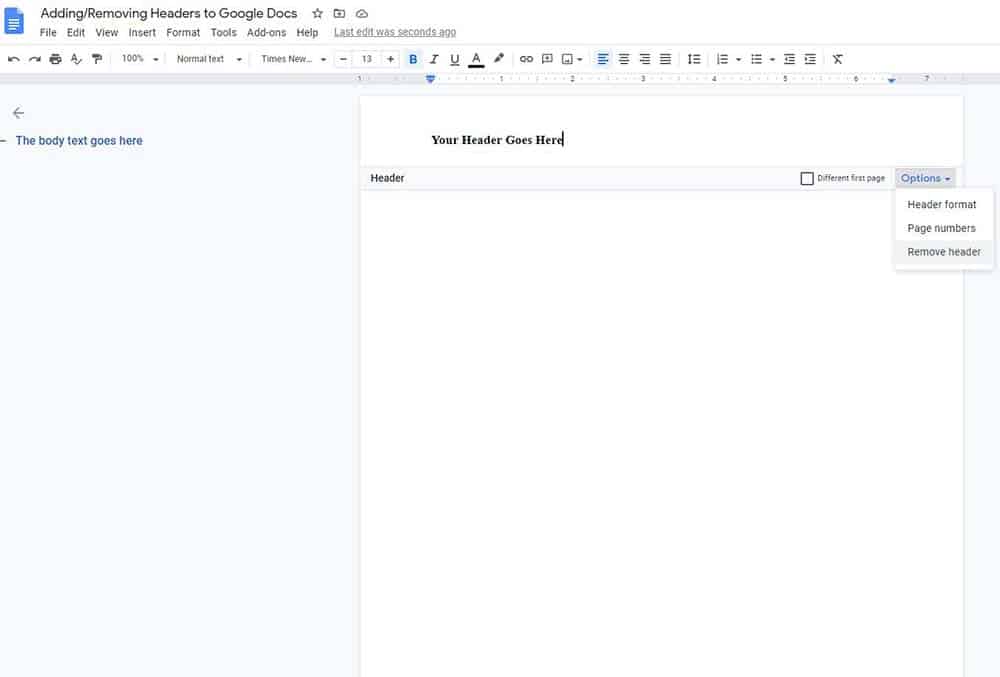 How to remove header in Google Docs
