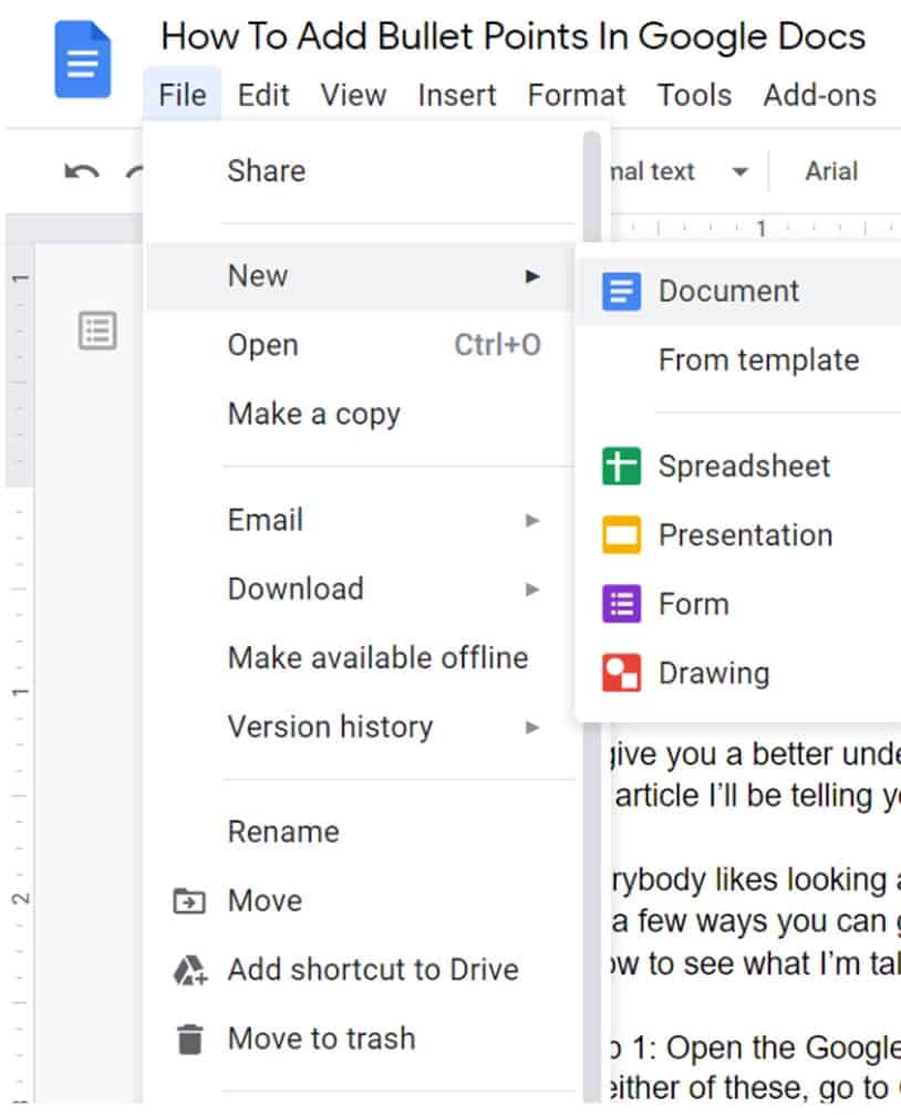 How to add bullet points in Google Docs