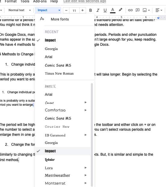 How to make periods bigger on Google Docs