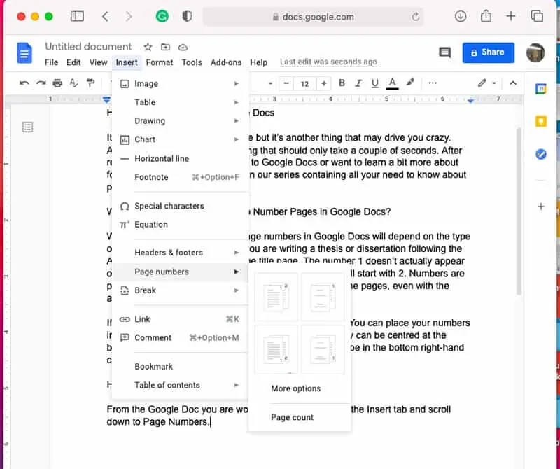 How to number pages in Google Docs