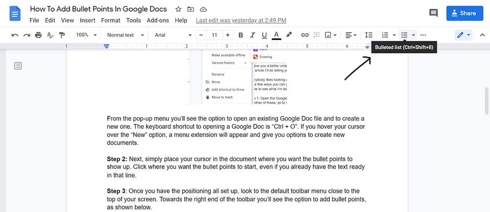 How to add bullet points in Google Docs