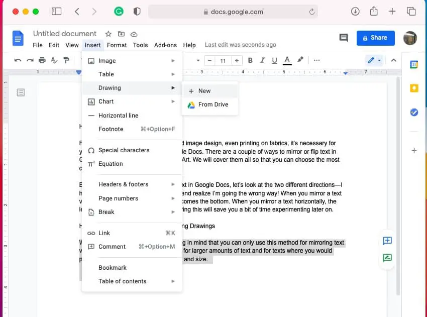 How to mirror text in Google Docs