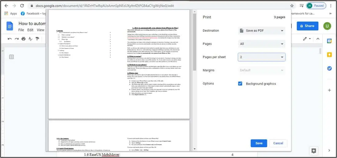 How to print multiple pages on one page Google Docs